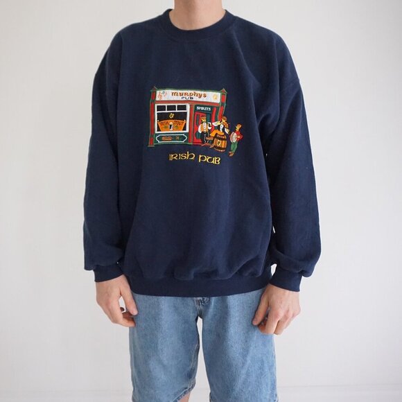 VTG Gildan Navy Heavyweight Cotton Murray's Pub Irish Pub Crewneck Sweater XL - Picture 1 of 10